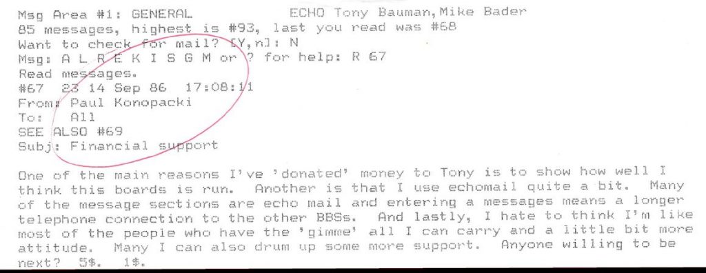 1986. Fidonet - Detroit - Paul Msg - Financial Support for Tony
