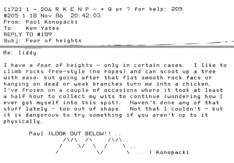 1986. Fidonet - Detroit - Forum Message To Ken Yates - Fear of Heights