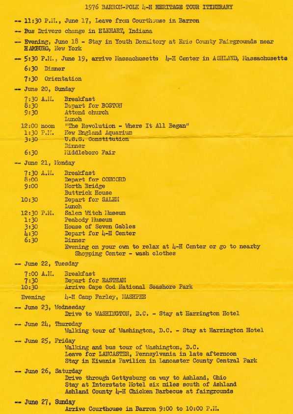 1976 Bicentennial Heritage Tour - Itinerary