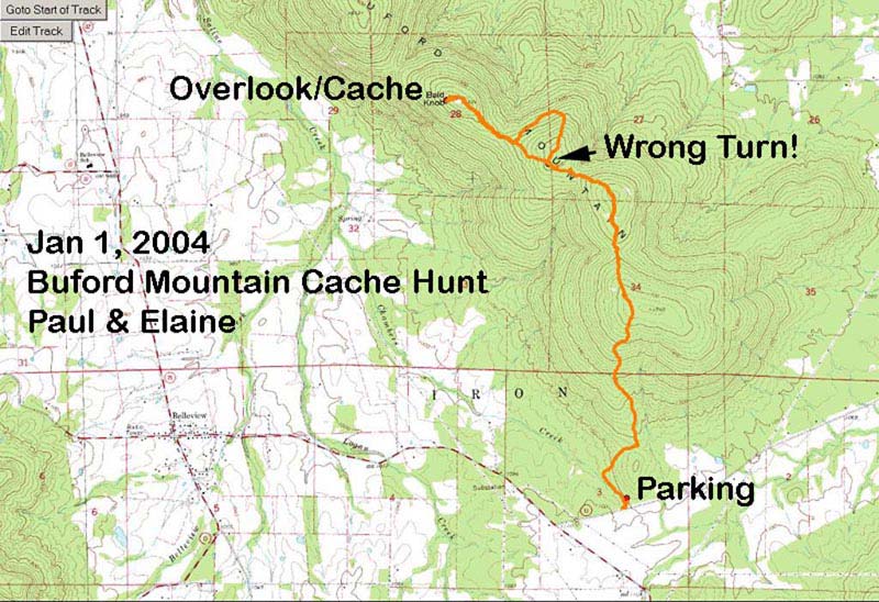 2004 - GPS track map overlay. Taking trail from parking to the Buford Mountain Cache. Elaine and me.