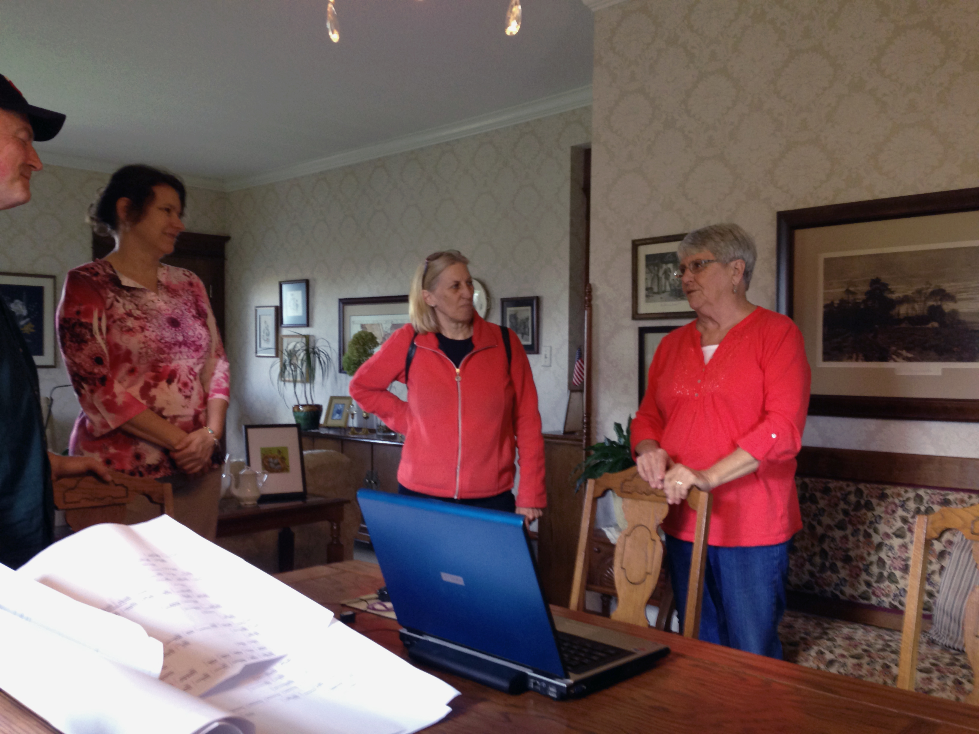 Meeting Annette for the first time in her parlor.  Left to right: Elaine Hinnah, Barbara (Konopacki) Schrammen, Annette (Overgaard) Anderson.