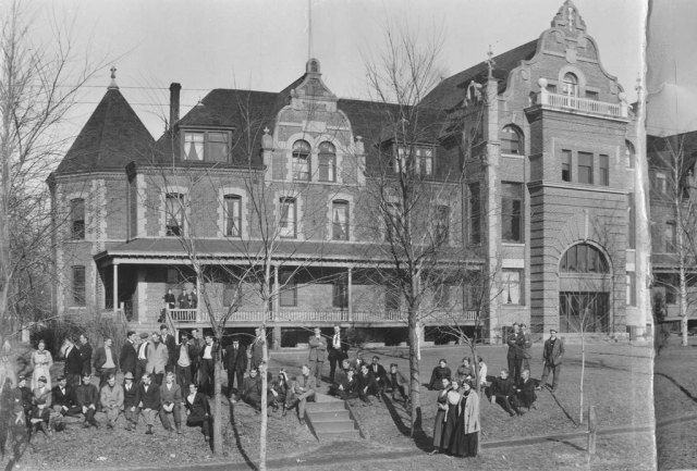 Students gathering in from of the "Old Main" building on Grand View campus.  Now called the "Humphrey Center".