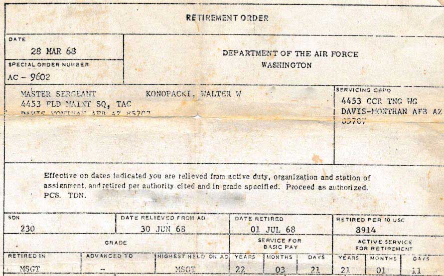 United States Air Force official retirement order. 21 years of service.