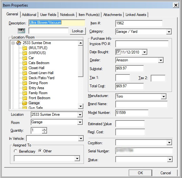 Toro Ultra-Blower Vac - Adding item to inventory software