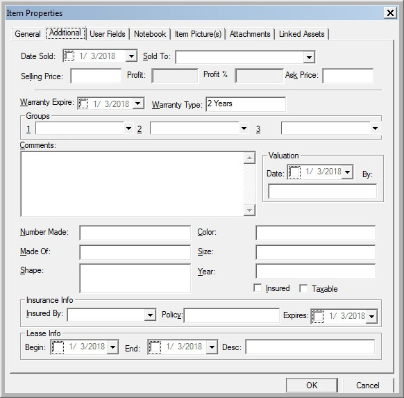 Toro Ultra-Blower Vac - 'Additional' info tab in inventory software