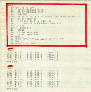 BASIC program. Simulate game of craps.