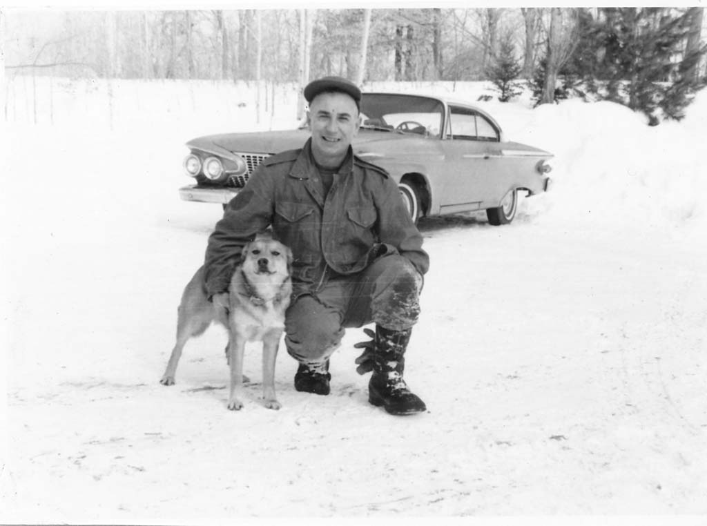 Winter, late 1960s.  Walt and Rusty in driveway of house near Luck, Wisconsin.