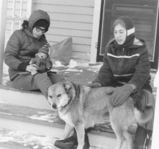 Paul with "Winnie" on porch with Rusty, and sister Barb.