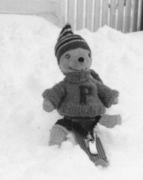 "Winnie-The-Pooh" on ski. Clothes knitted by mom.