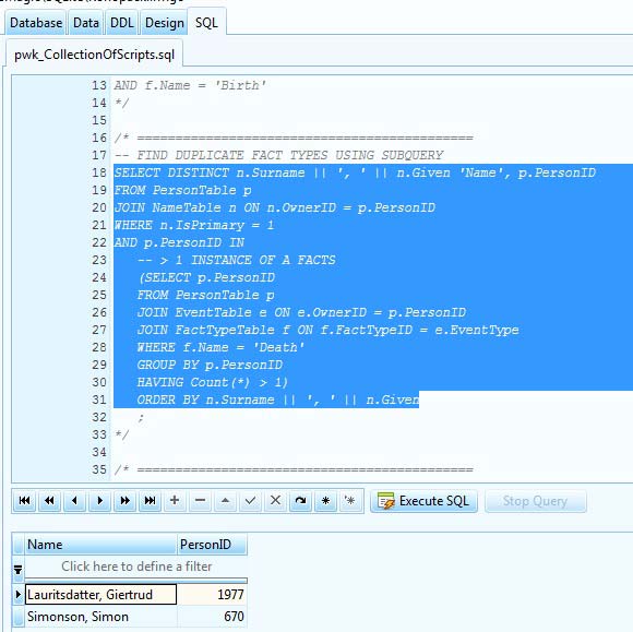 SQLite Expert Personal IDE software. Ad-hoc query against my genealogy database to find duplicate 'death' fact type.