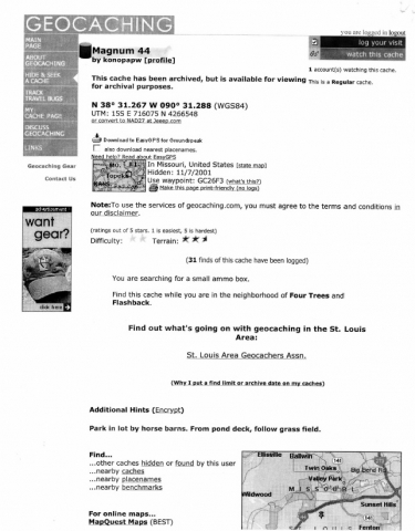 Geocaching.com web page for one of my geocaches, "Magnum 44". Placed at MDC Forest 44 Conservation Area near Valley Park, Missouri.